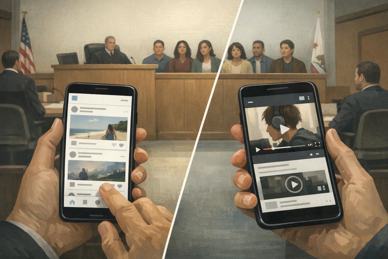 Editorial illustration of a courtroom ruling focused on autoplay and infinite-scroll design features linked to child social media harm.